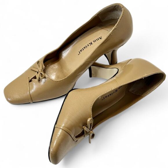 Ann Kristal Leather Pumps 5.5M Camel Tan Bow Square Toe Block Heel Y2K Eulalia - Picture 1 of 11
